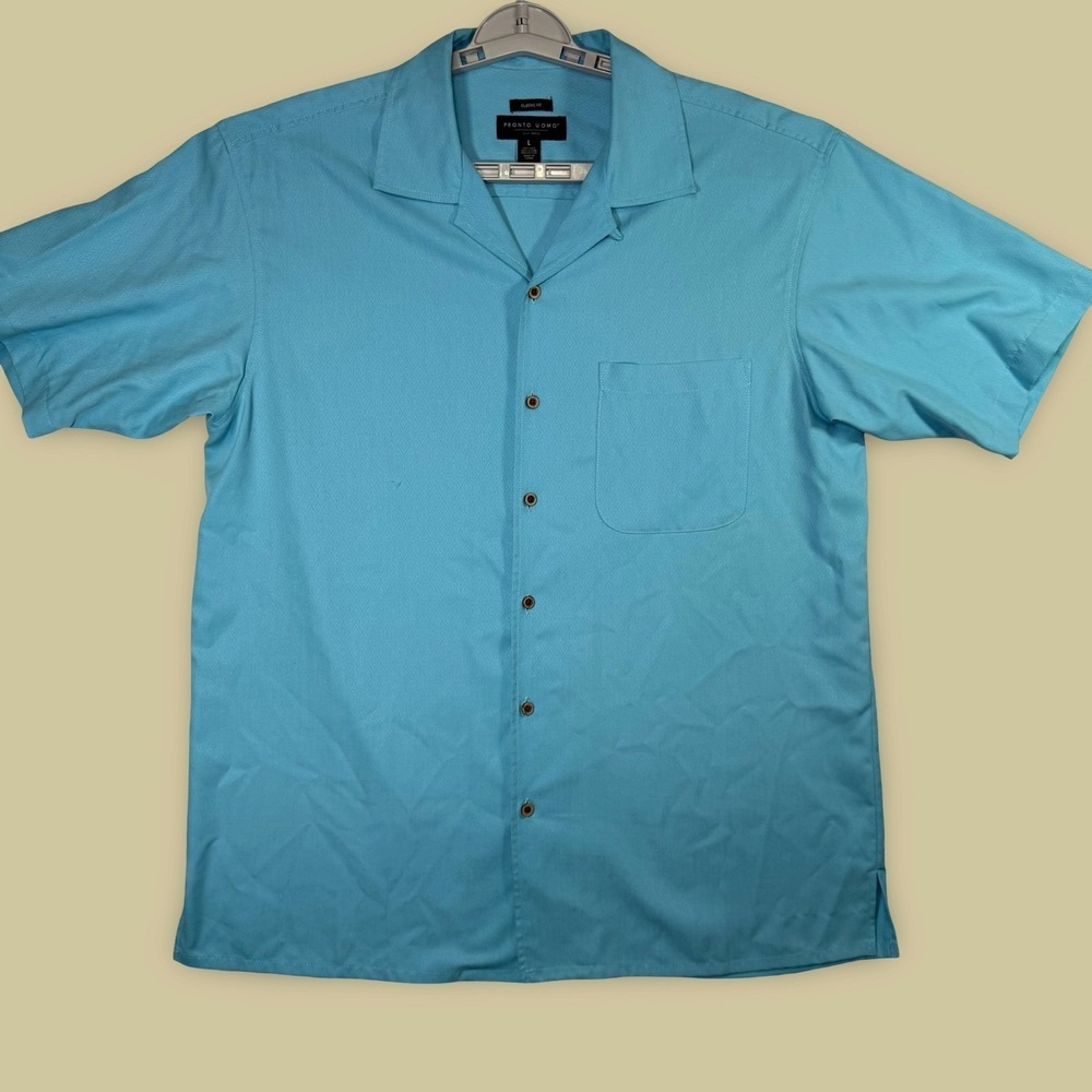 Pronto Uomo Button Up Shirt Mens Large Blue Silk Blend Diamond Texture Classic